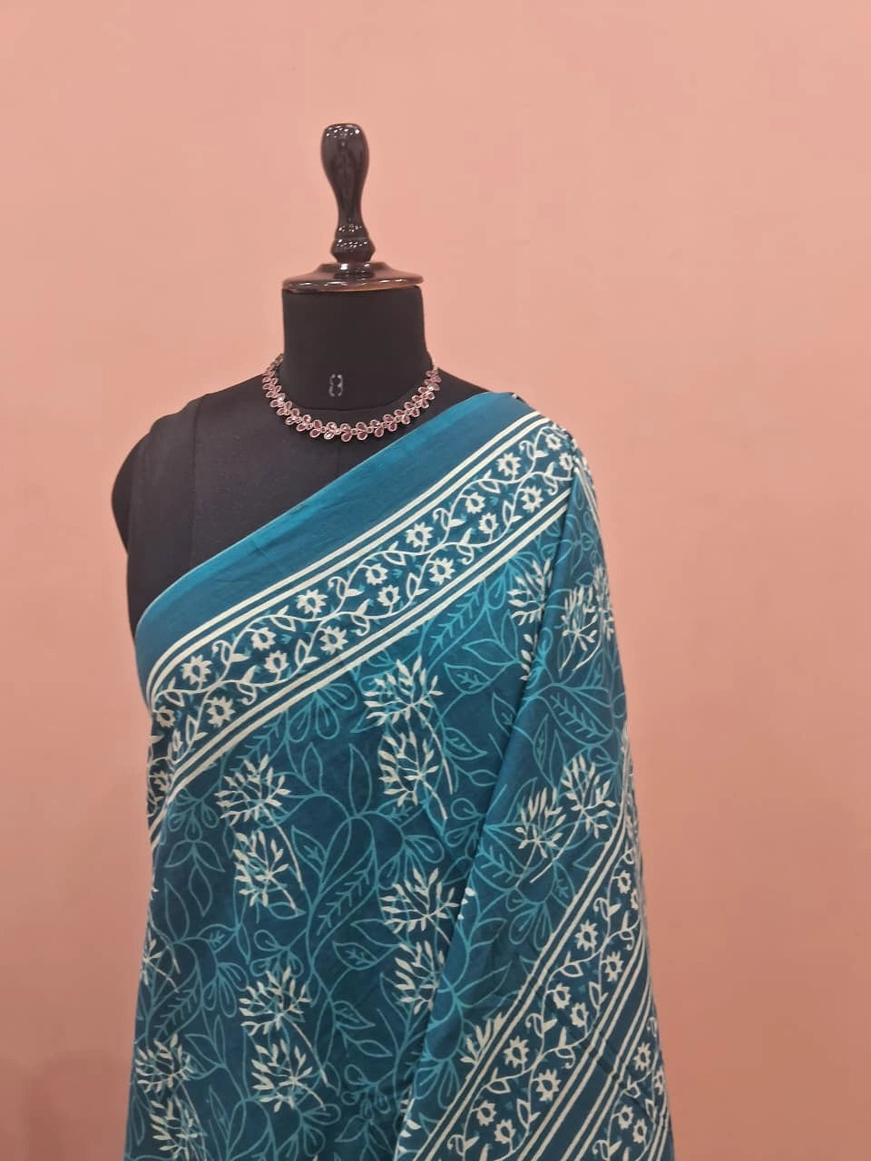 Teal Blue Mulmul Cotton Saree 1