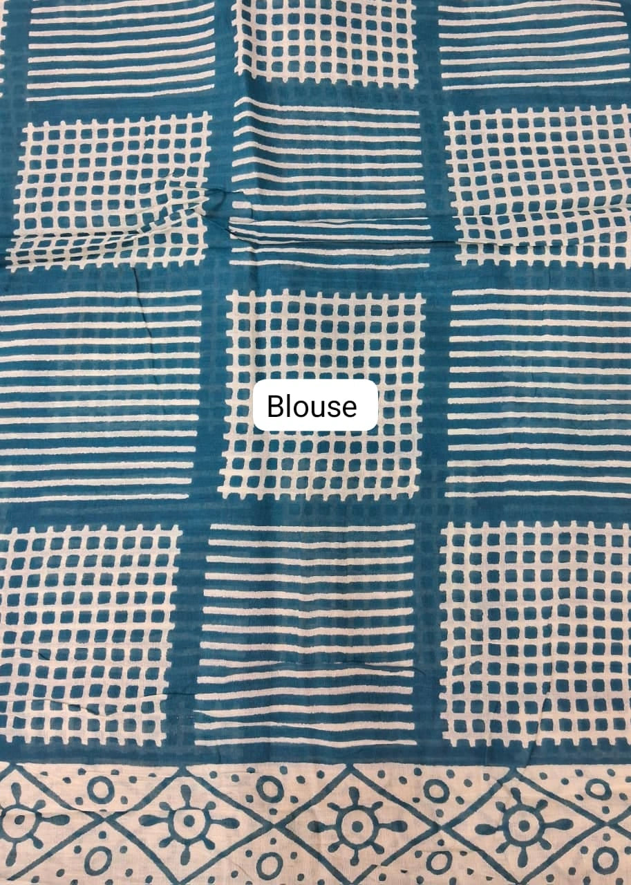 Teal Blue Mulmul Cotton Saree Blouse