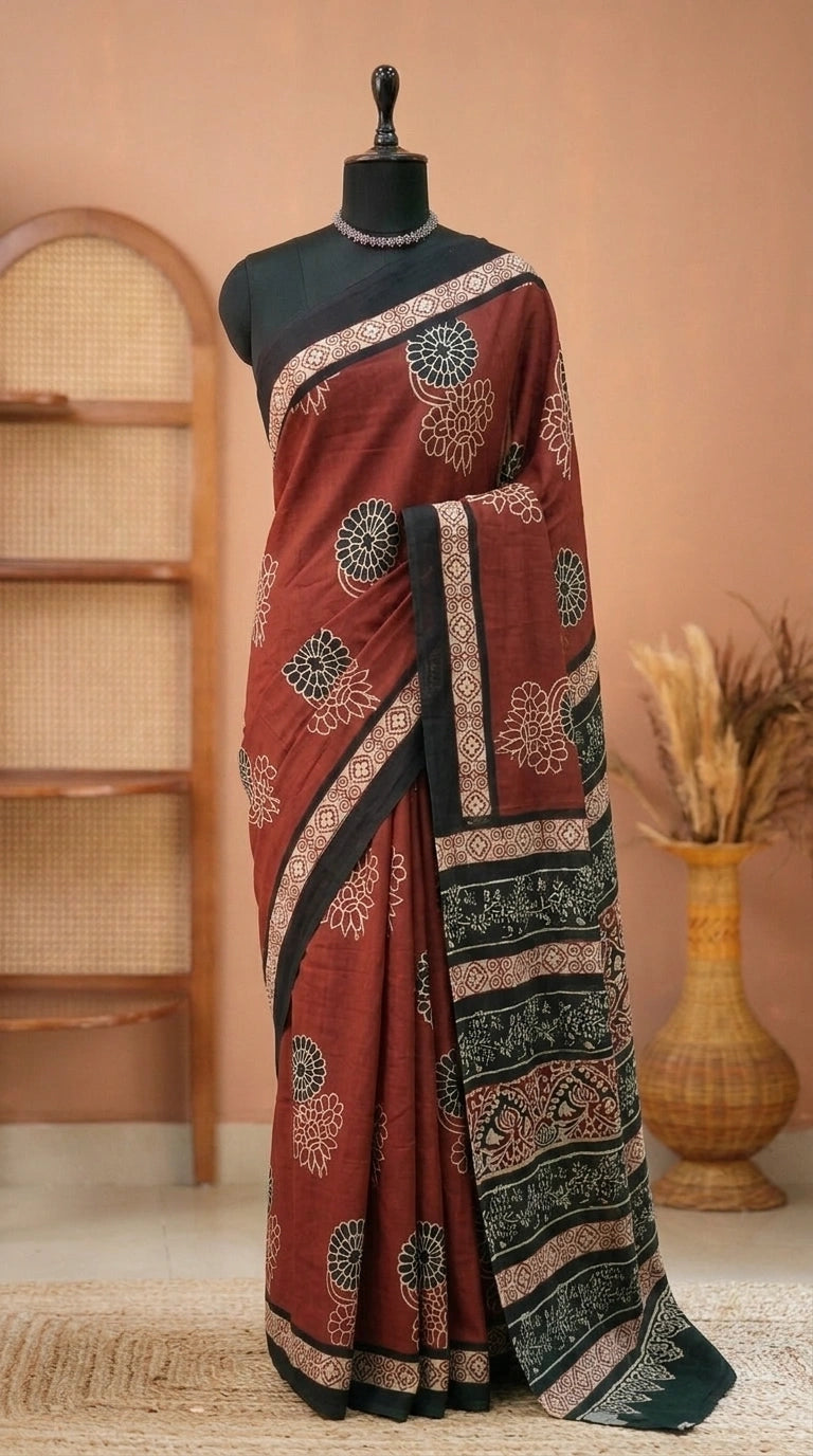 Brick Red Mulmul Cotton Saree
