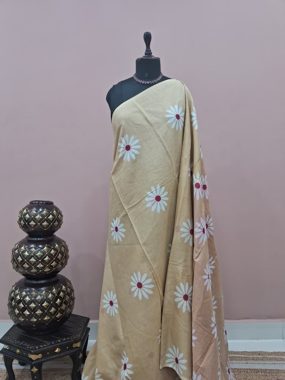 Beige Mulmul Cotton Saree