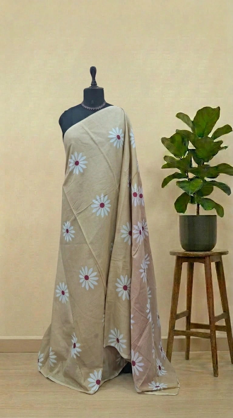 Beige Mulmul Cotton Saree