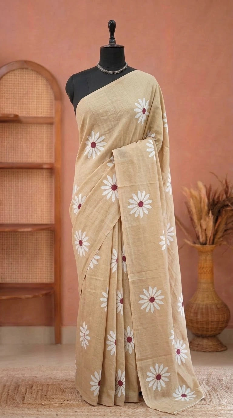Beige Mulmul Cotton Saree
