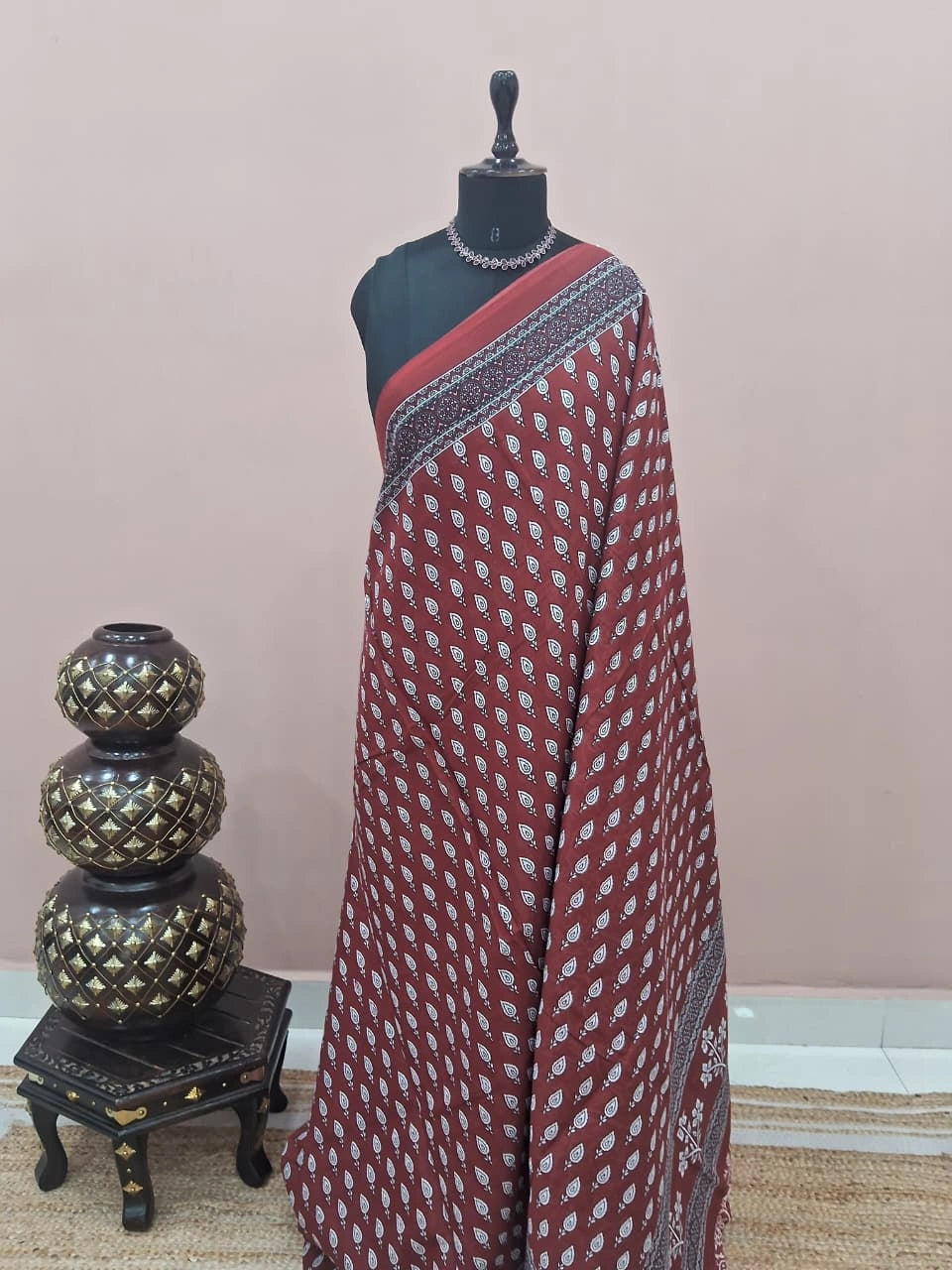 Brick Red Pure Mulmul Cotton Saree 