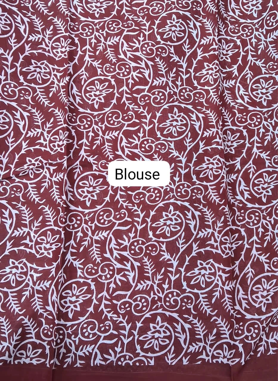 Brick Red Pure Mulmul Cotton Saree Blouse