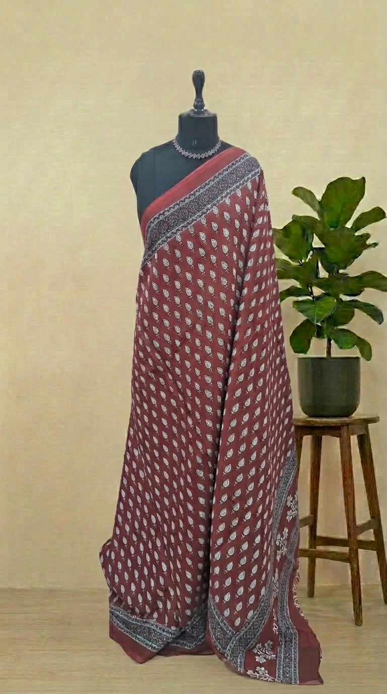 Brick Red Pure Mulmul Cotton Saree 