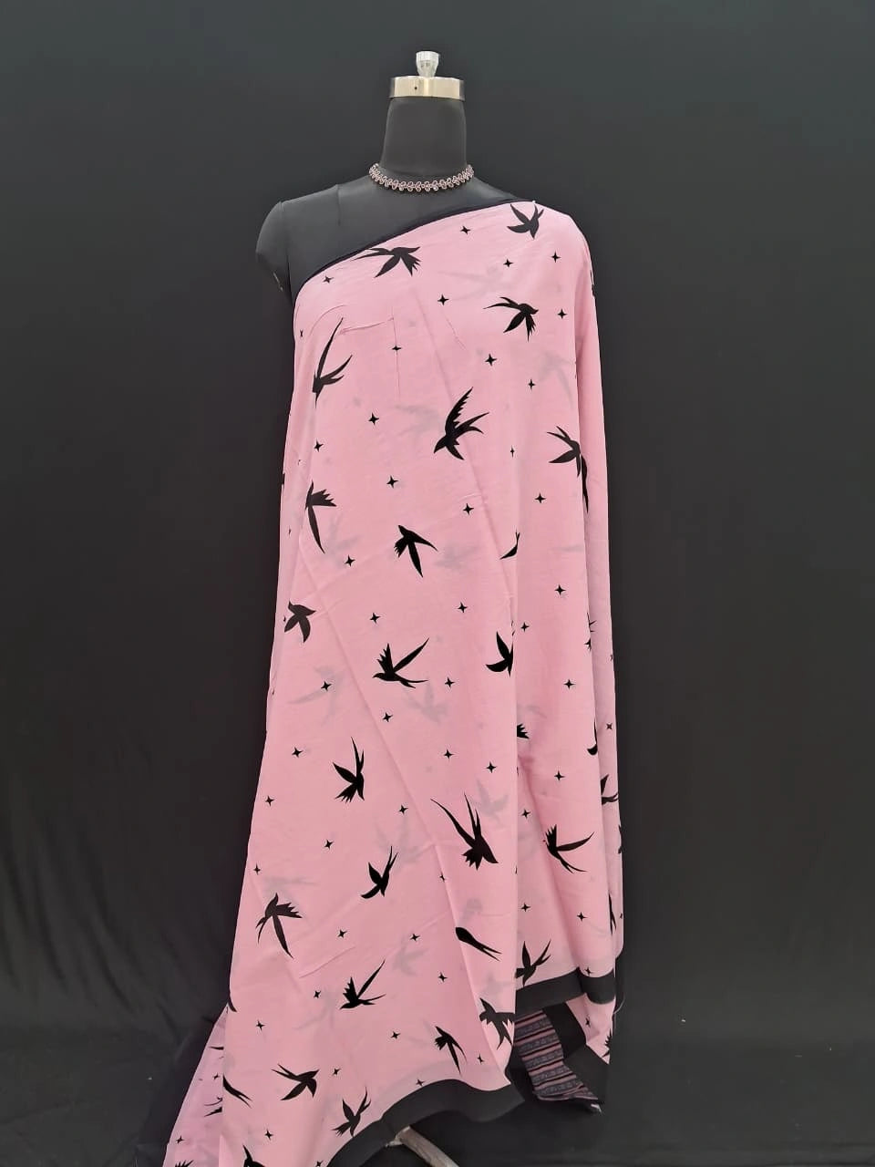 Blush Pink black bird motifs Mulmul Cotton Saree