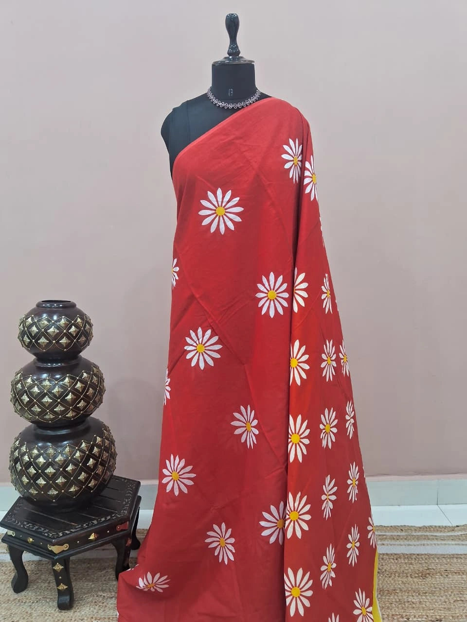 Tomato Red Mulmul Cotton Saree