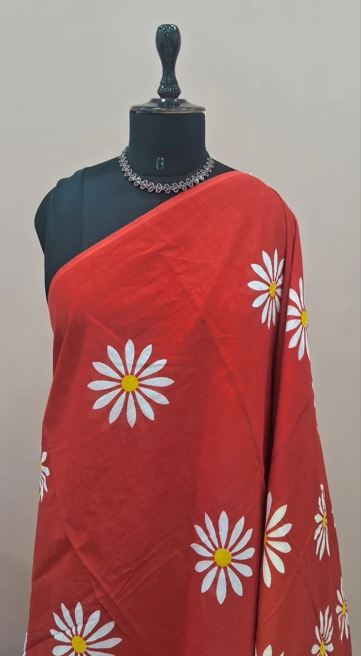 Tomato Red Mulmul Cotton Saree 1