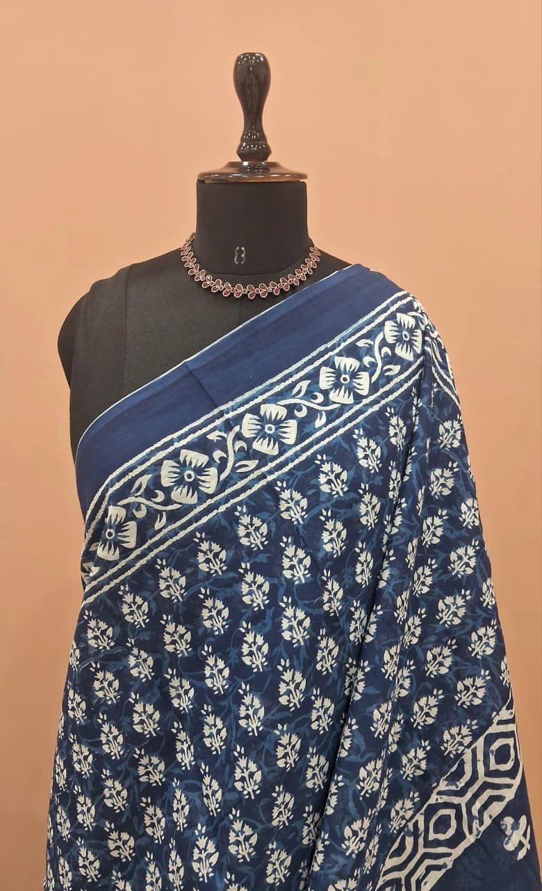 Navy Blue Mulmul Cotton Saree 1