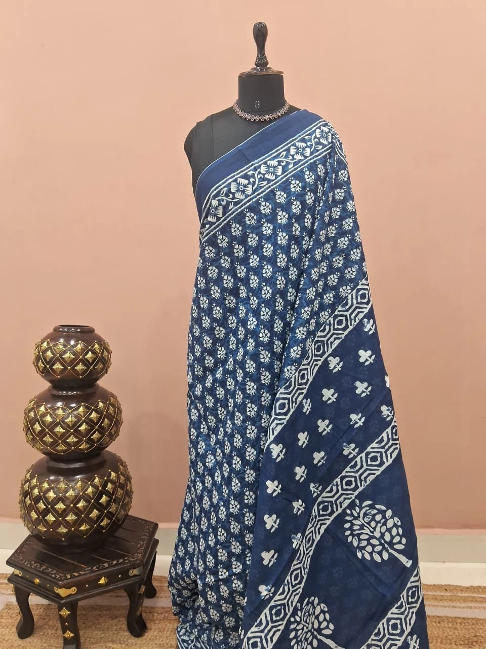 Navy Blue Mulmul Cotton Saree