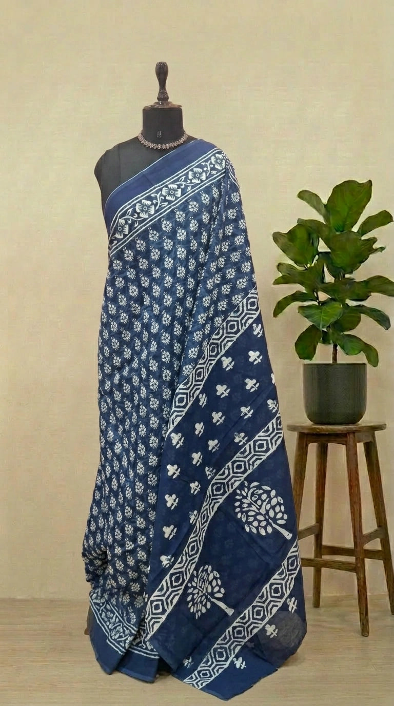 Navy Blue Mulmul Cotton Saree