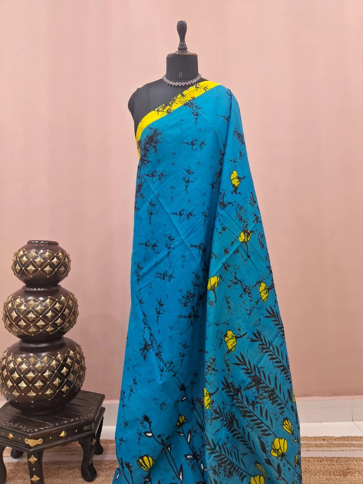 Caribbean Blue Mulmul Cotton Saree