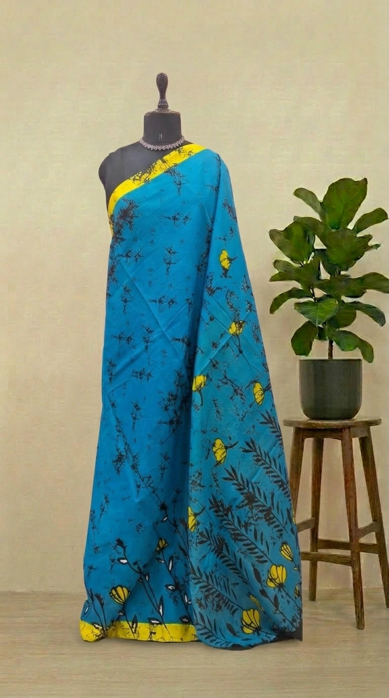Caribbean Blue Mulmul Cotton Saree