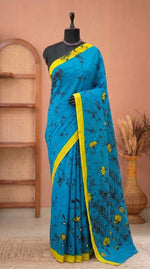 Caribbean Blue Mulmul Cotton Saree