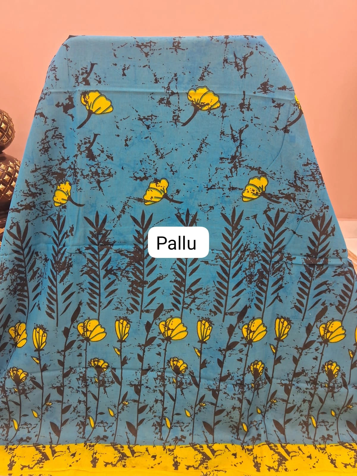 Caribbean Blue Mulmul Cotton Saree Pallu