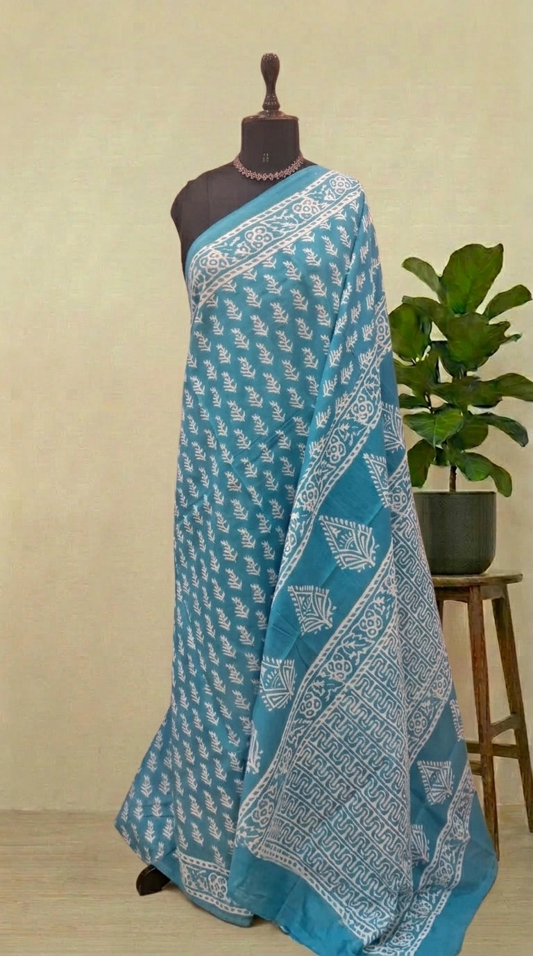 Sky Blue Pure Mulmul Cotton Saree
