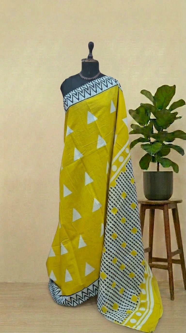 Mango Yellow Mulmul Cotton Saree