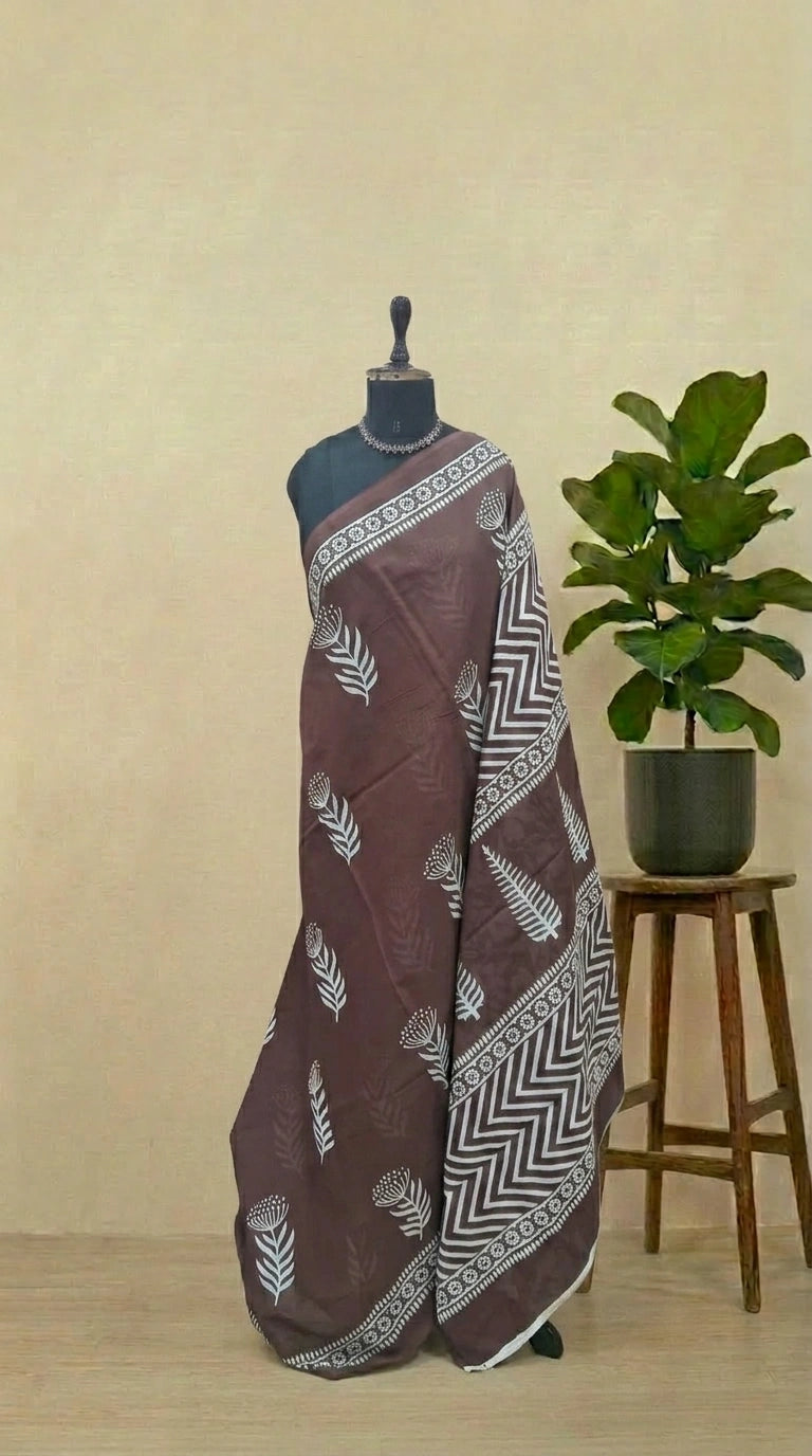 Dark Brown Mulmul Cotton Saree 