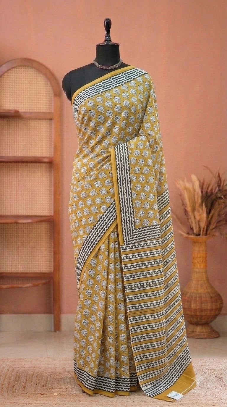 Light Mustard Yellow Mulmul Cotton Saree