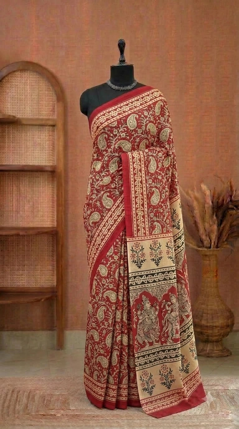 Red Mulmul Cotton Saree 