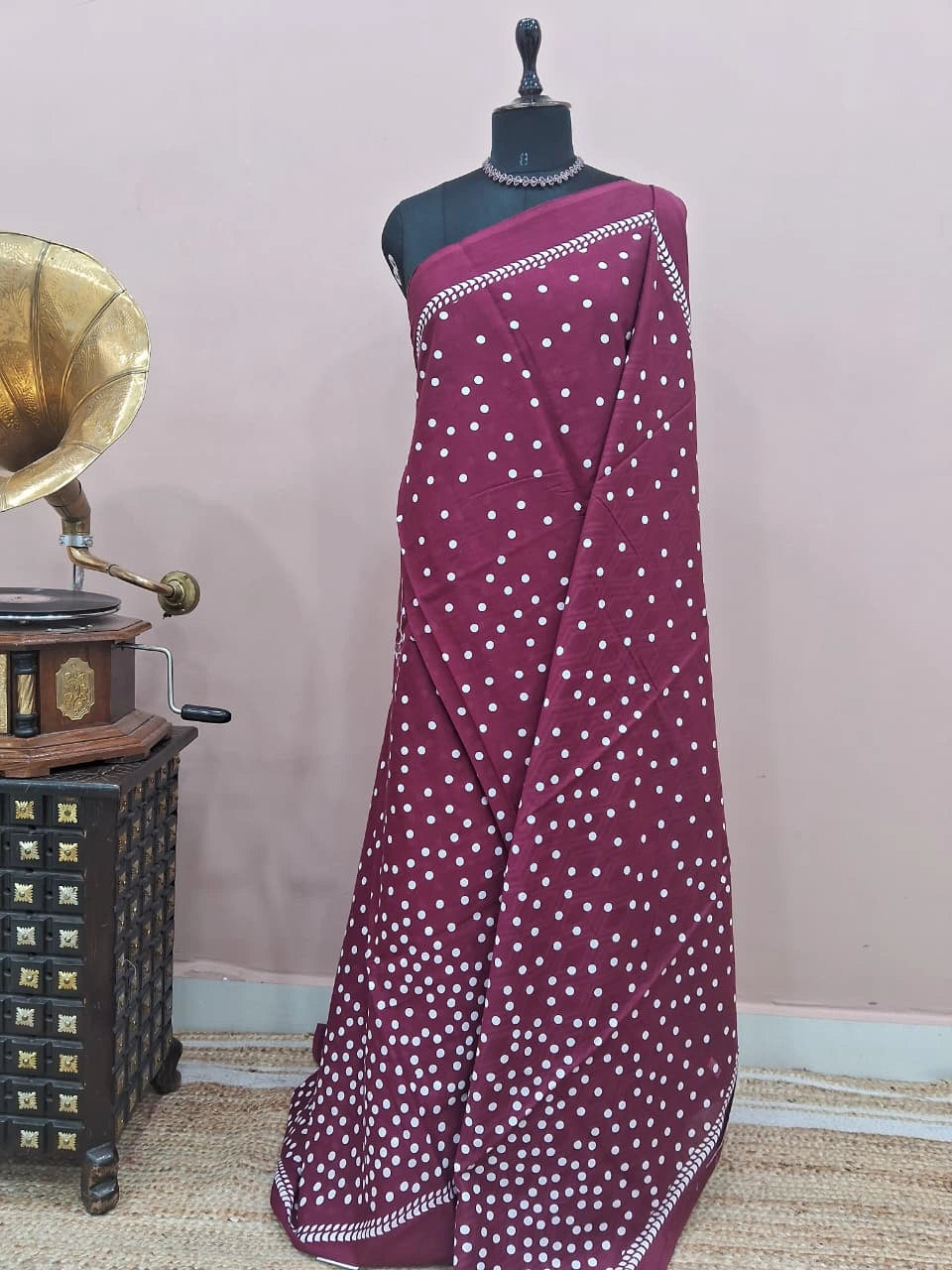 Wine Mulmul Cotton Saree
