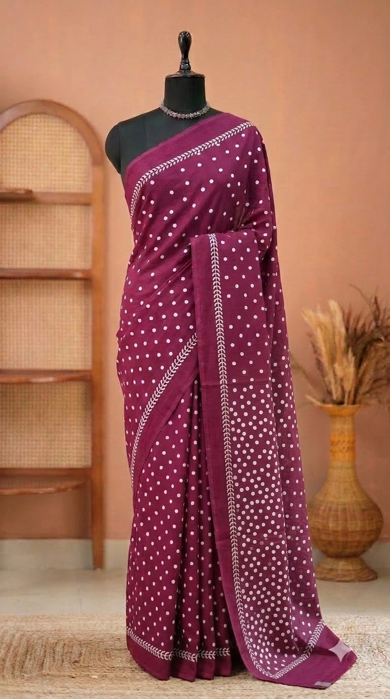 Wine Mulmul Cotton Saree