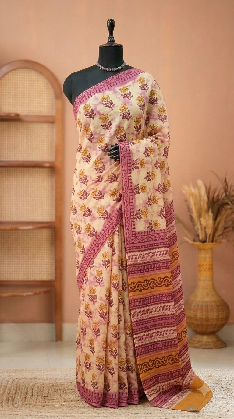 Pink and Beige Mulmul Cotton Saree 