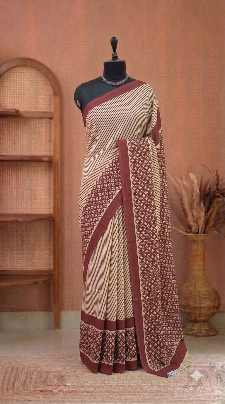 Cream Pure Mulmul Cotton Saree 