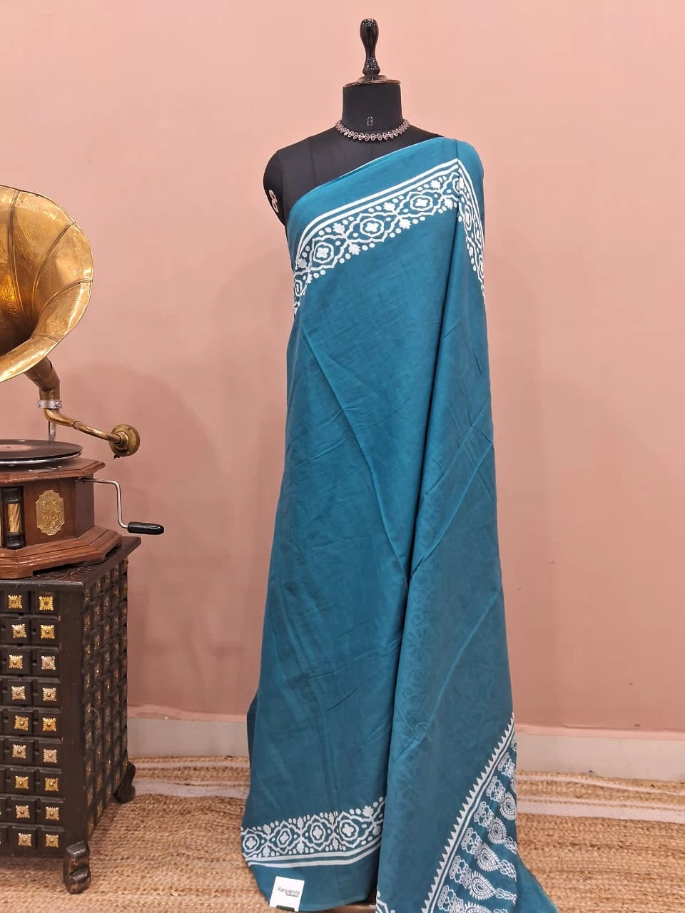 Caribbean Blue Plain Mulmul Cotton Saree