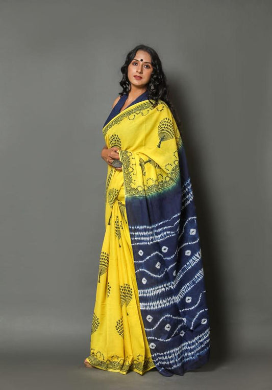 Yellow mulmul cotton saree