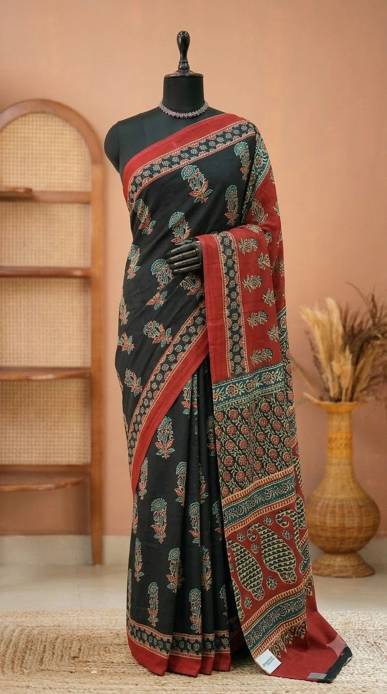 Pure Black Mulmul Cotton Saree