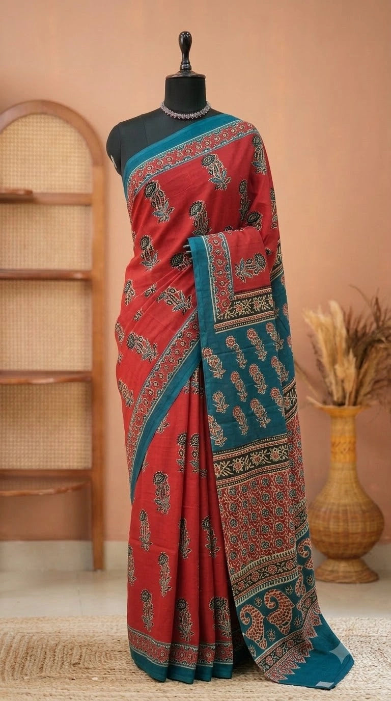 Tomato Red Mulmul Cotton Saree 