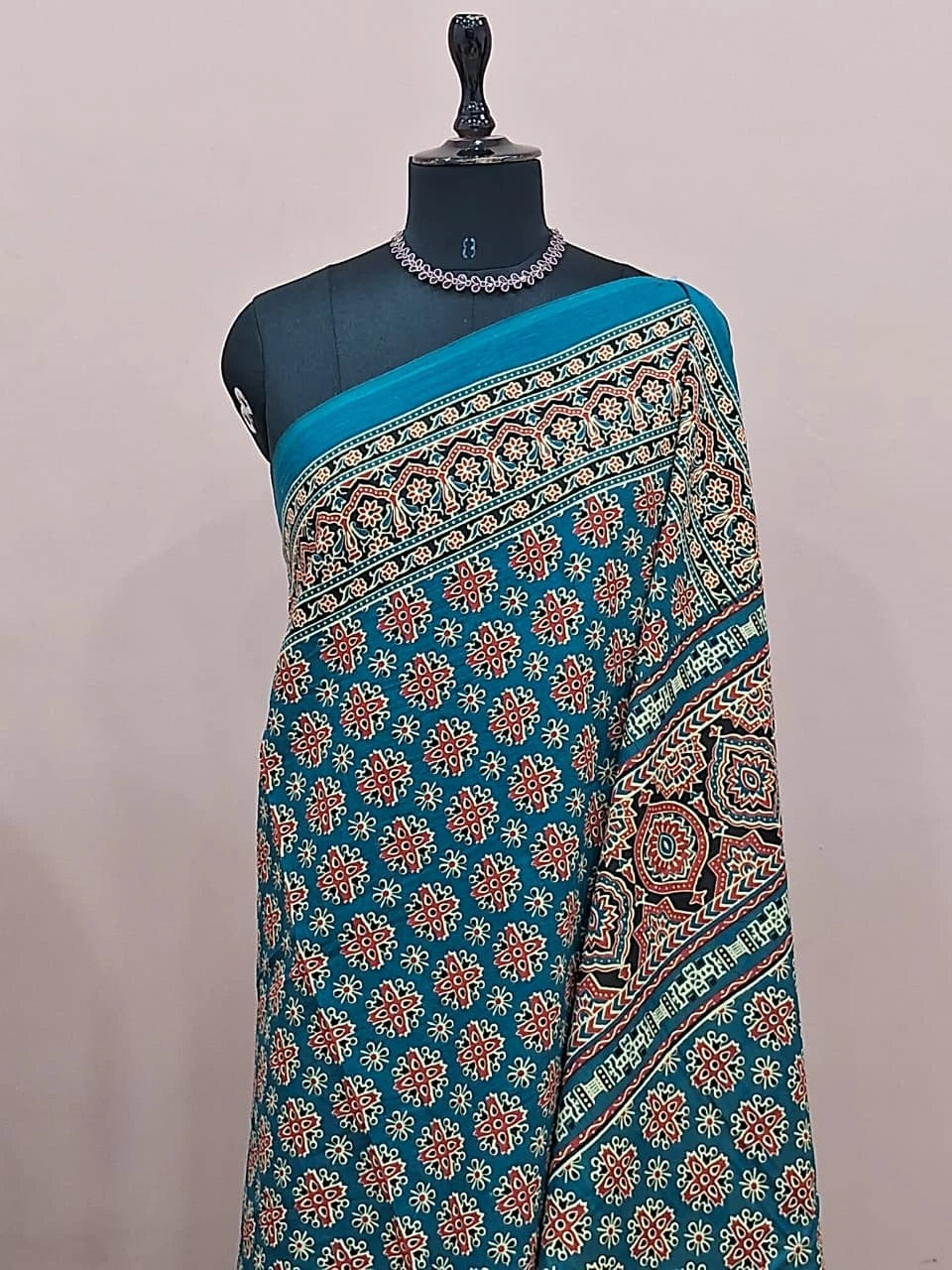 Teal Blue Mulmul Cotton Saree 1