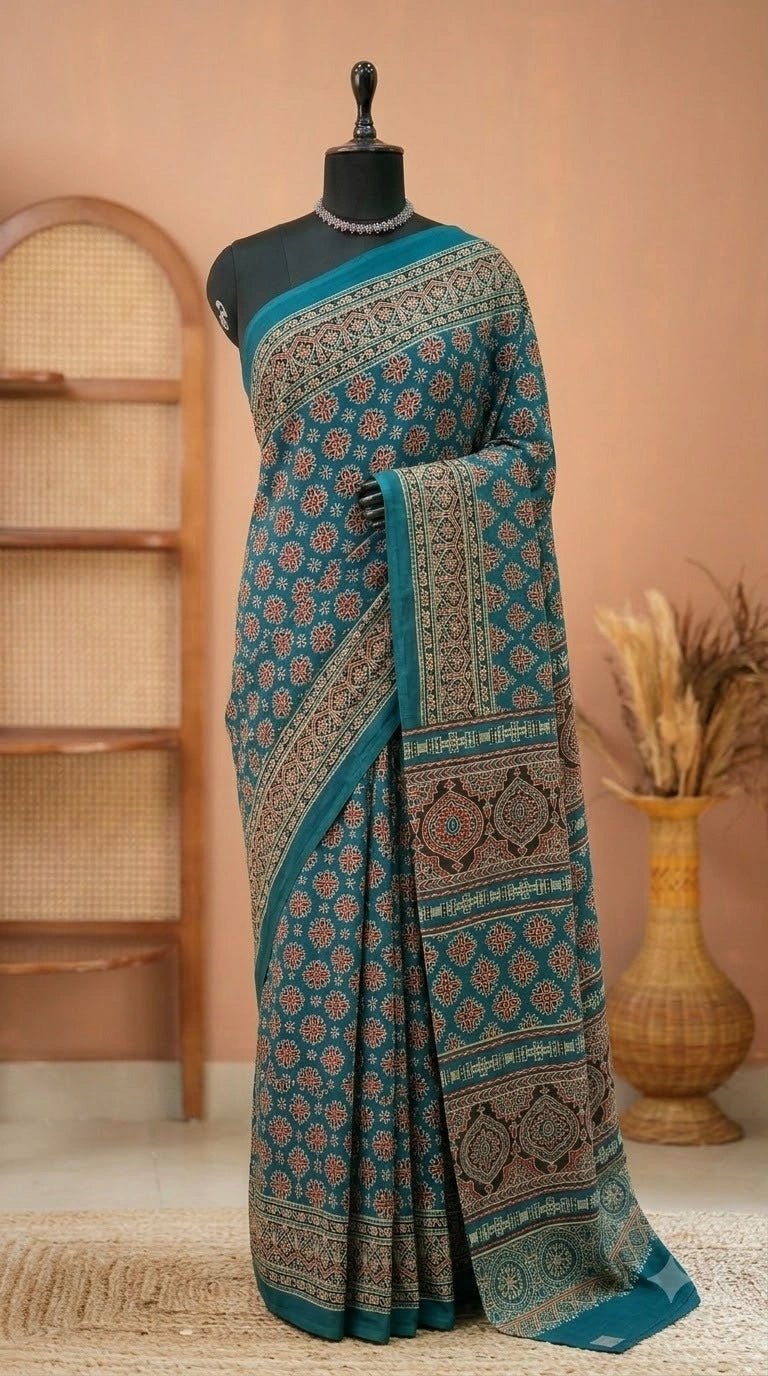 Teal Blue Mulmul Cotton Saree 