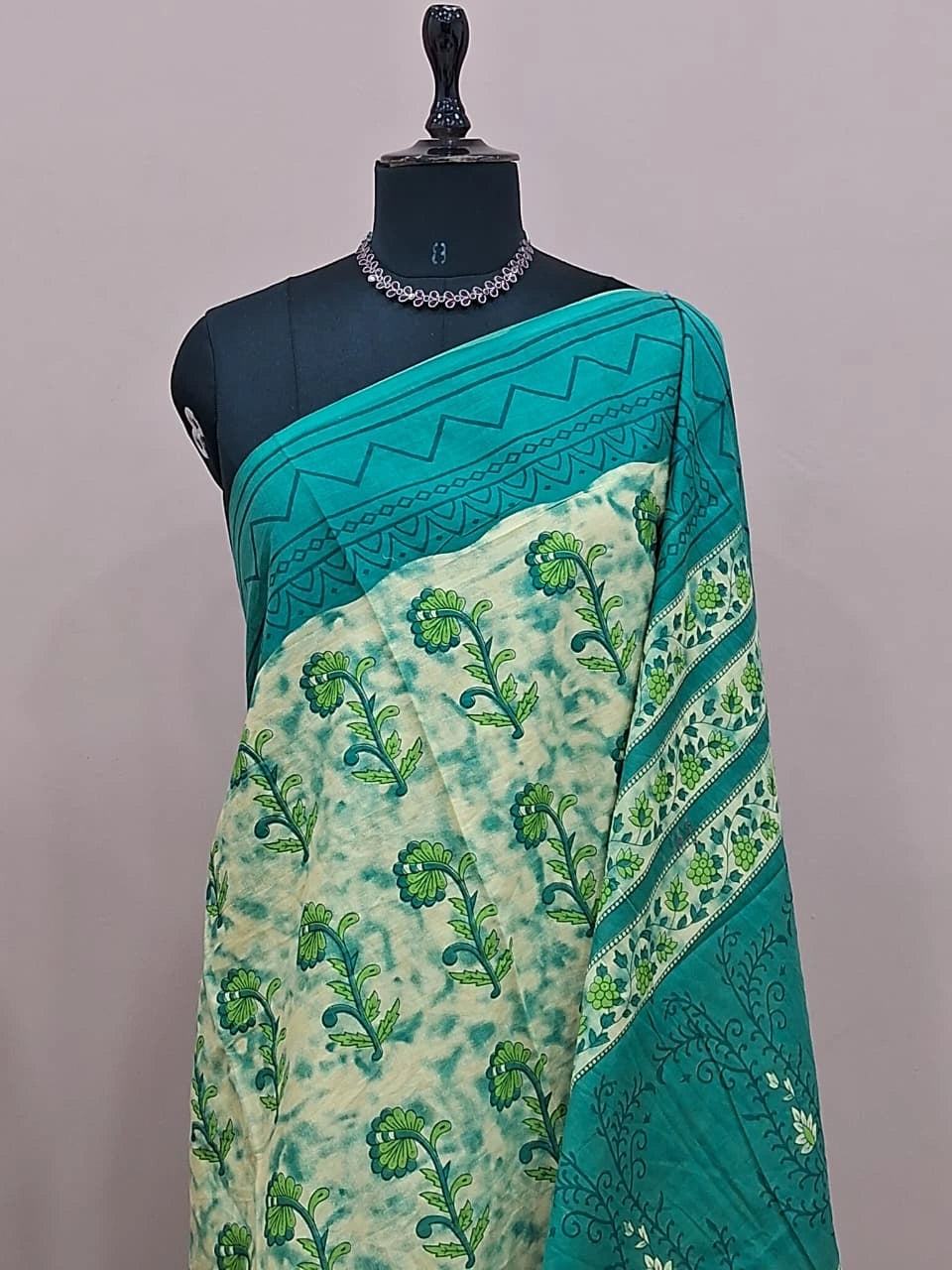 Beige and Blue Mulmul Cotton Saree 1