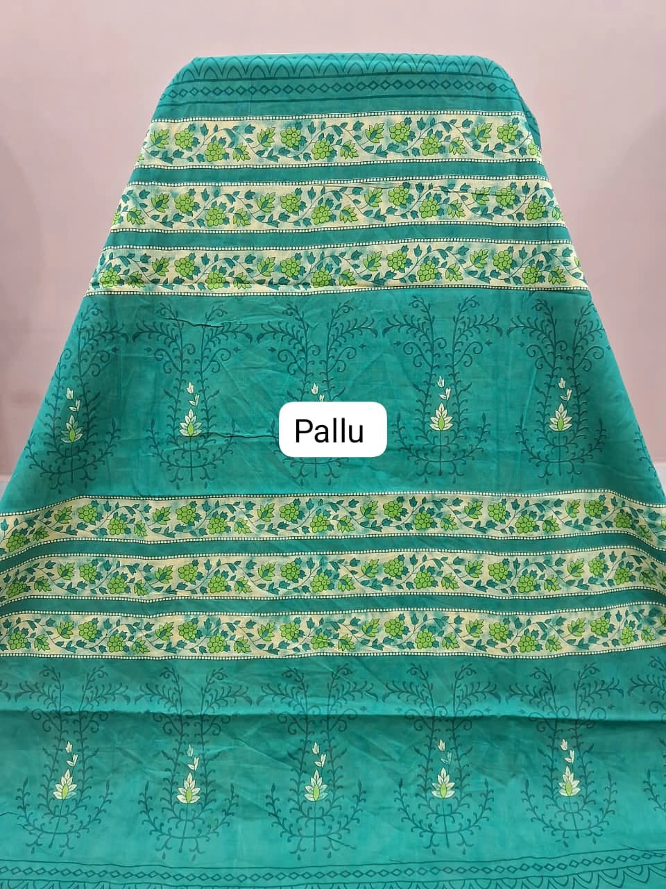 Beige and Blue Mulmul Cotton Saree pallu