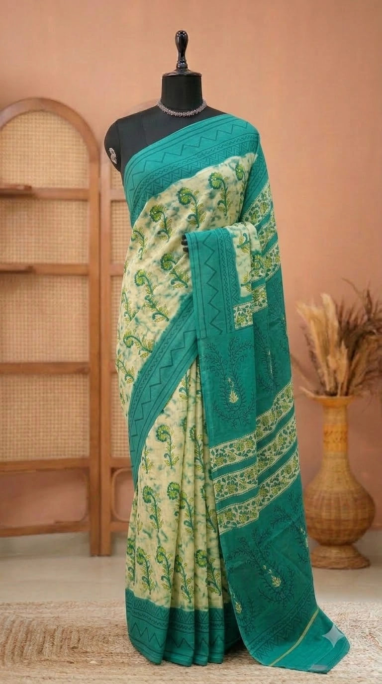 Beige and Blue Mulmul Cotton Saree
