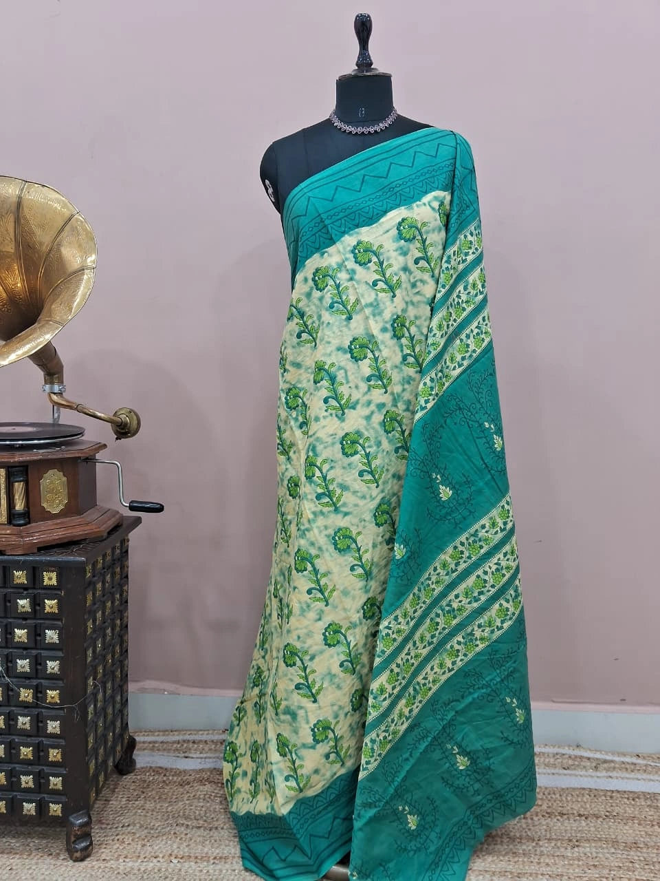 Beige and Blue Mulmul Cotton Saree
