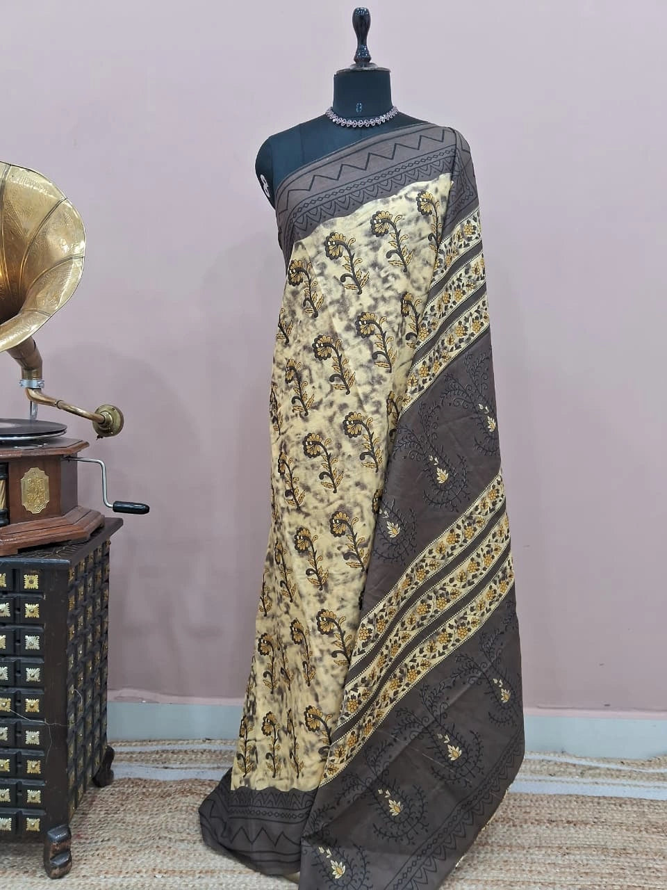 Beige and Walnut Brown Mulmul Cotton Saree