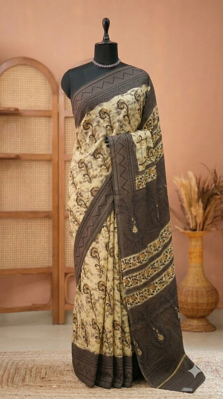 Beige and Walnut Brown Mulmul Cotton Saree