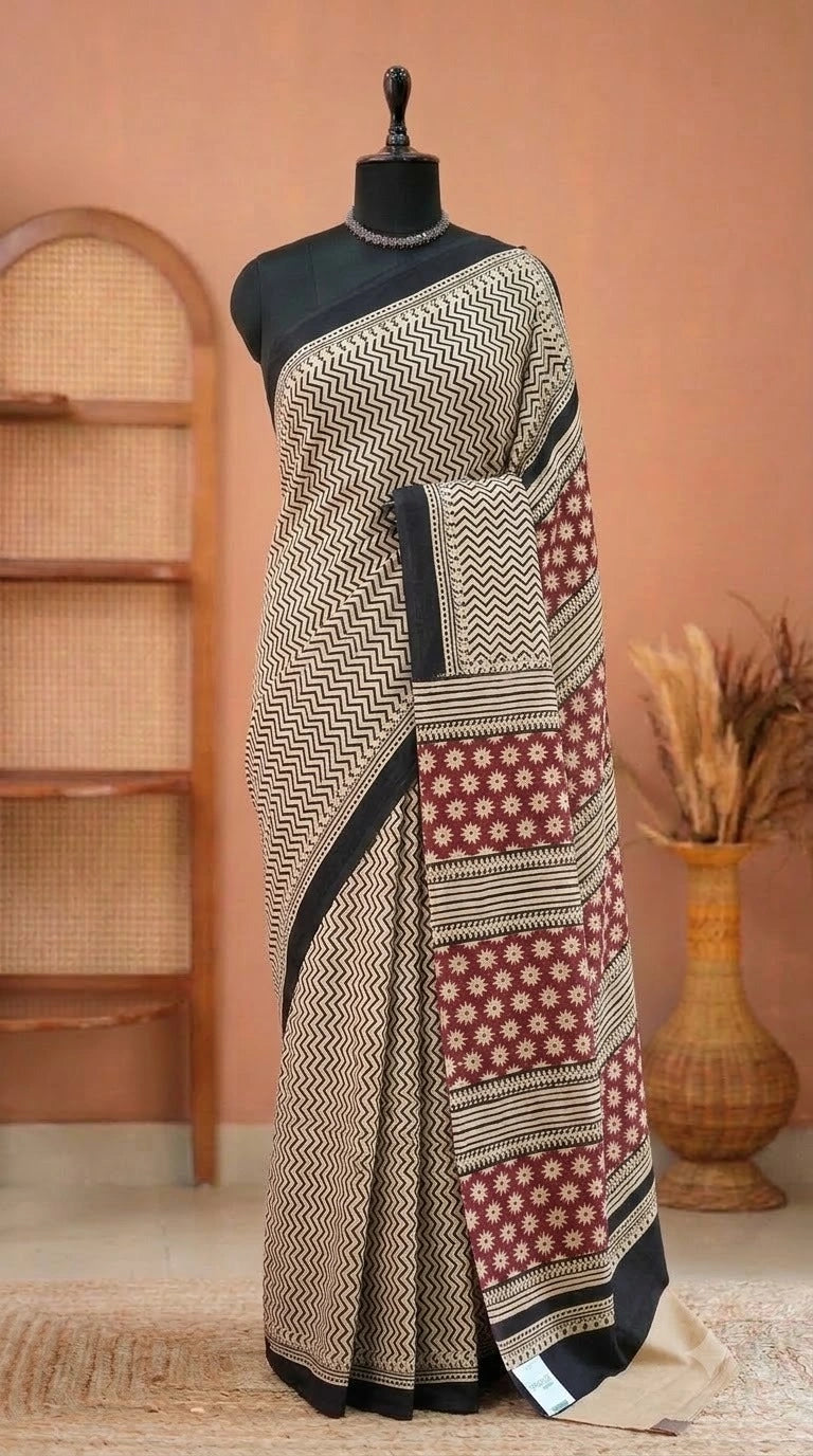 Cream Mulmul Cotton Saree