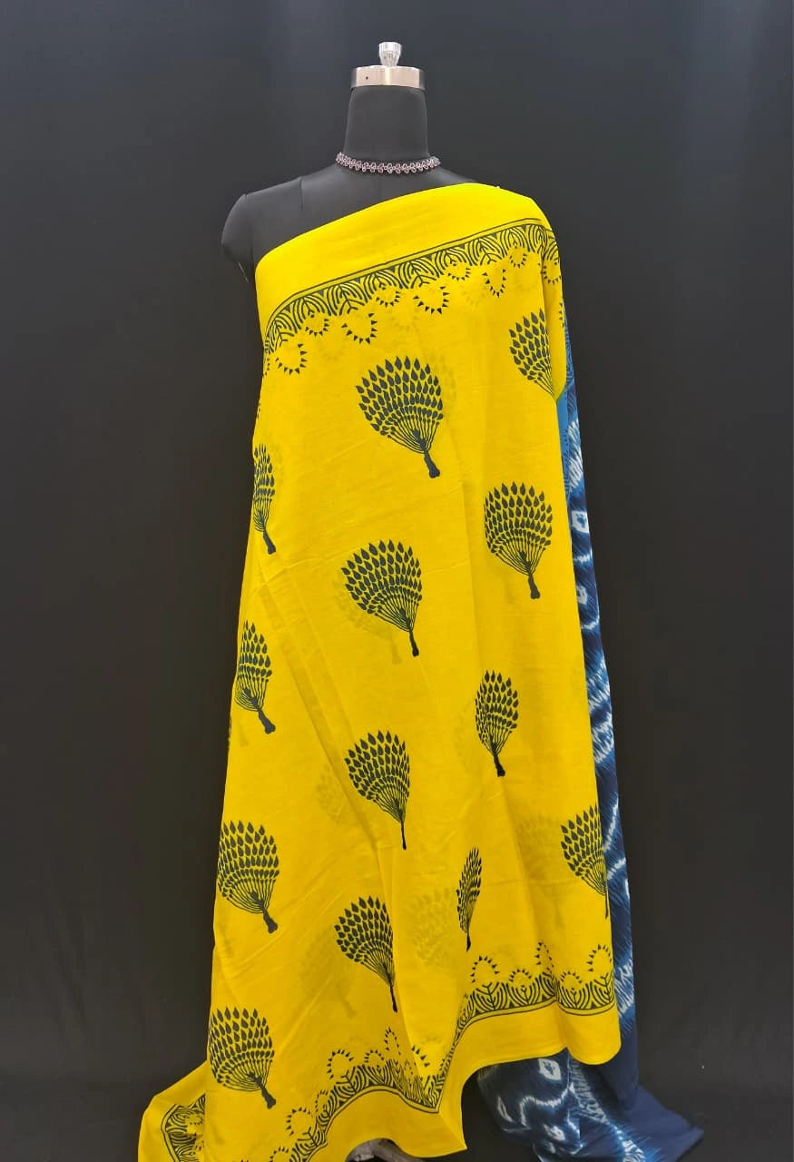 Sunshine Yellow & Indigo Blue Mulmul Cotton Saree