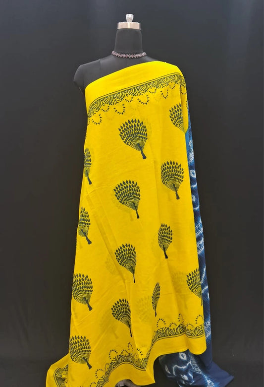 Sunshine Yellow & Indigo Blue Mulmul Cotton Saree