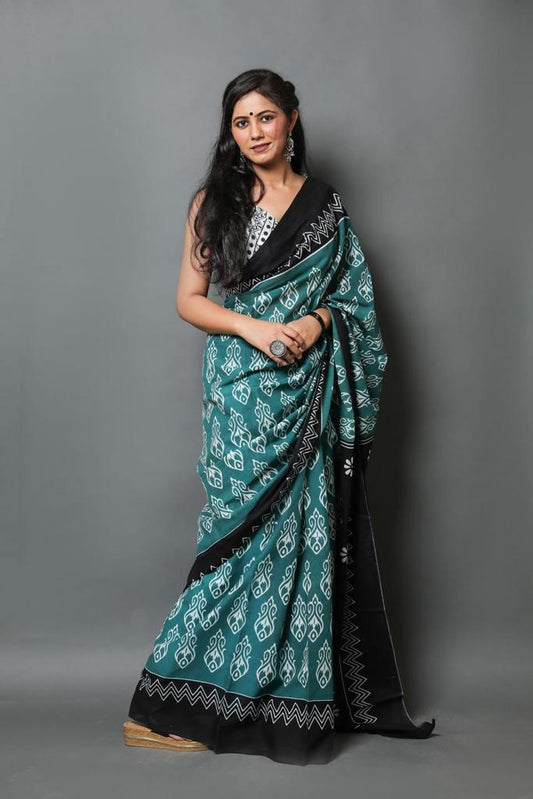 Teal Green MulMul Cotton Saree