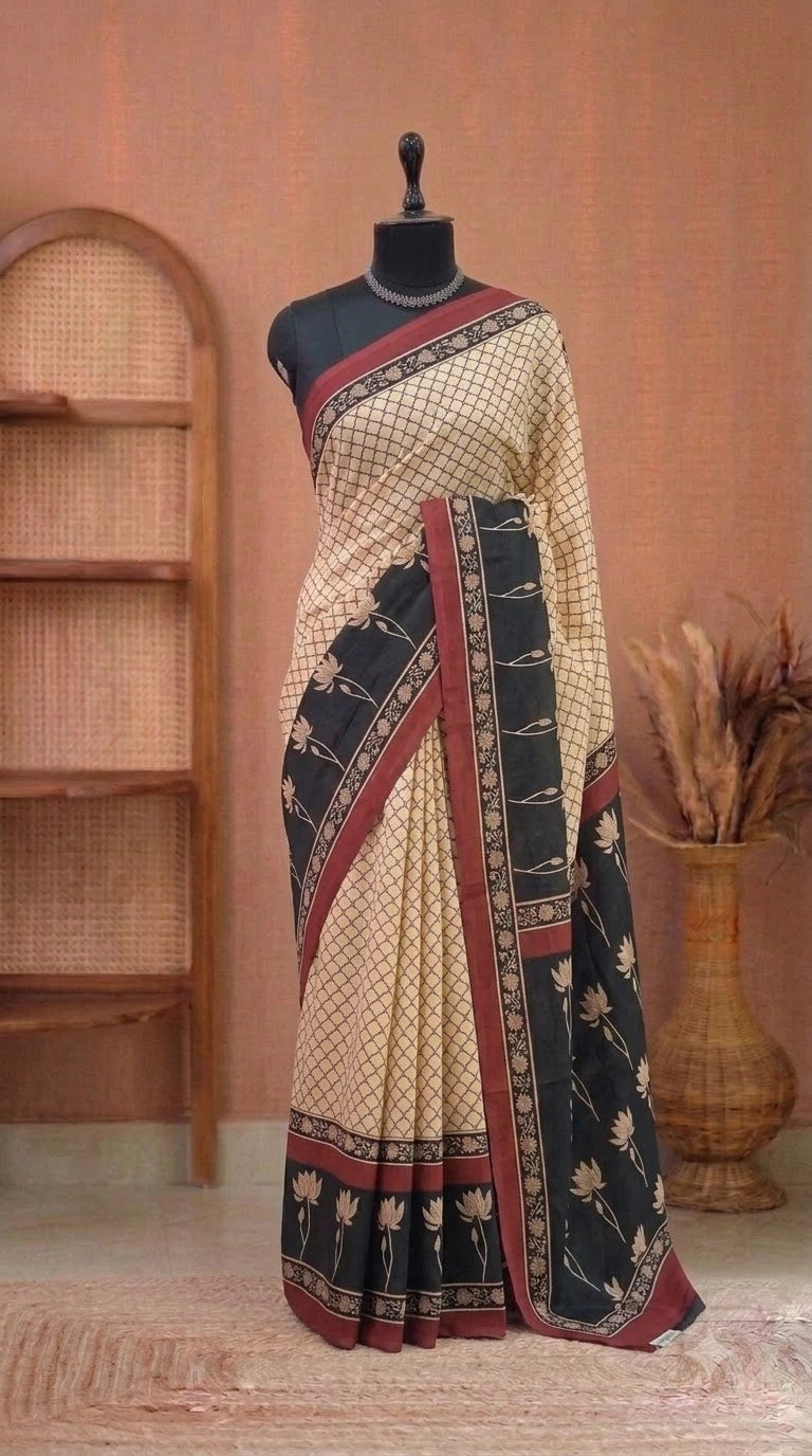 Dark Beige Mulmul Cotton Saree