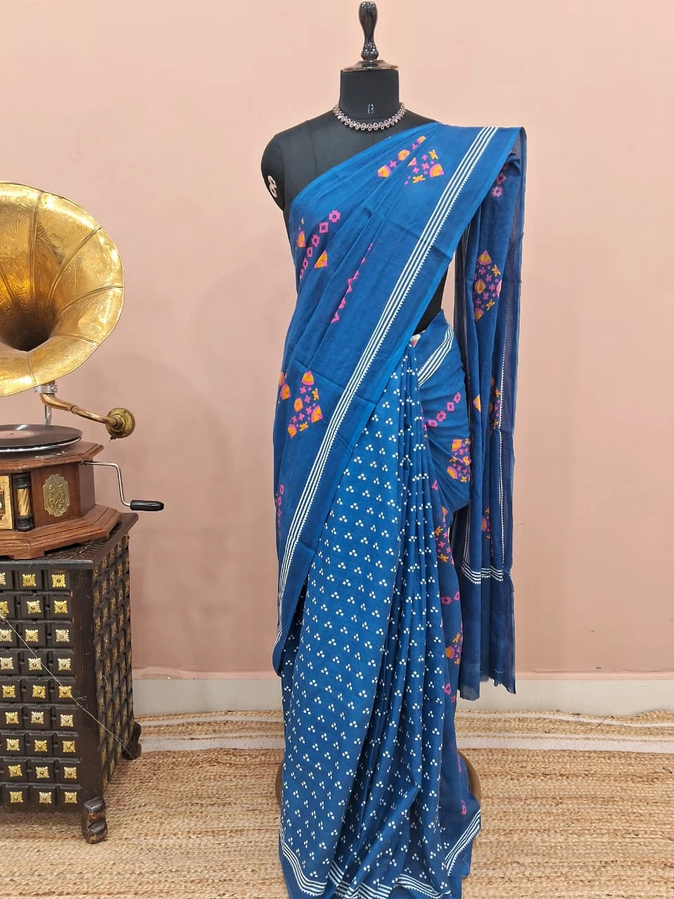 Royal Blue Pure Mulmul Cotton Half &amp; Half Saree