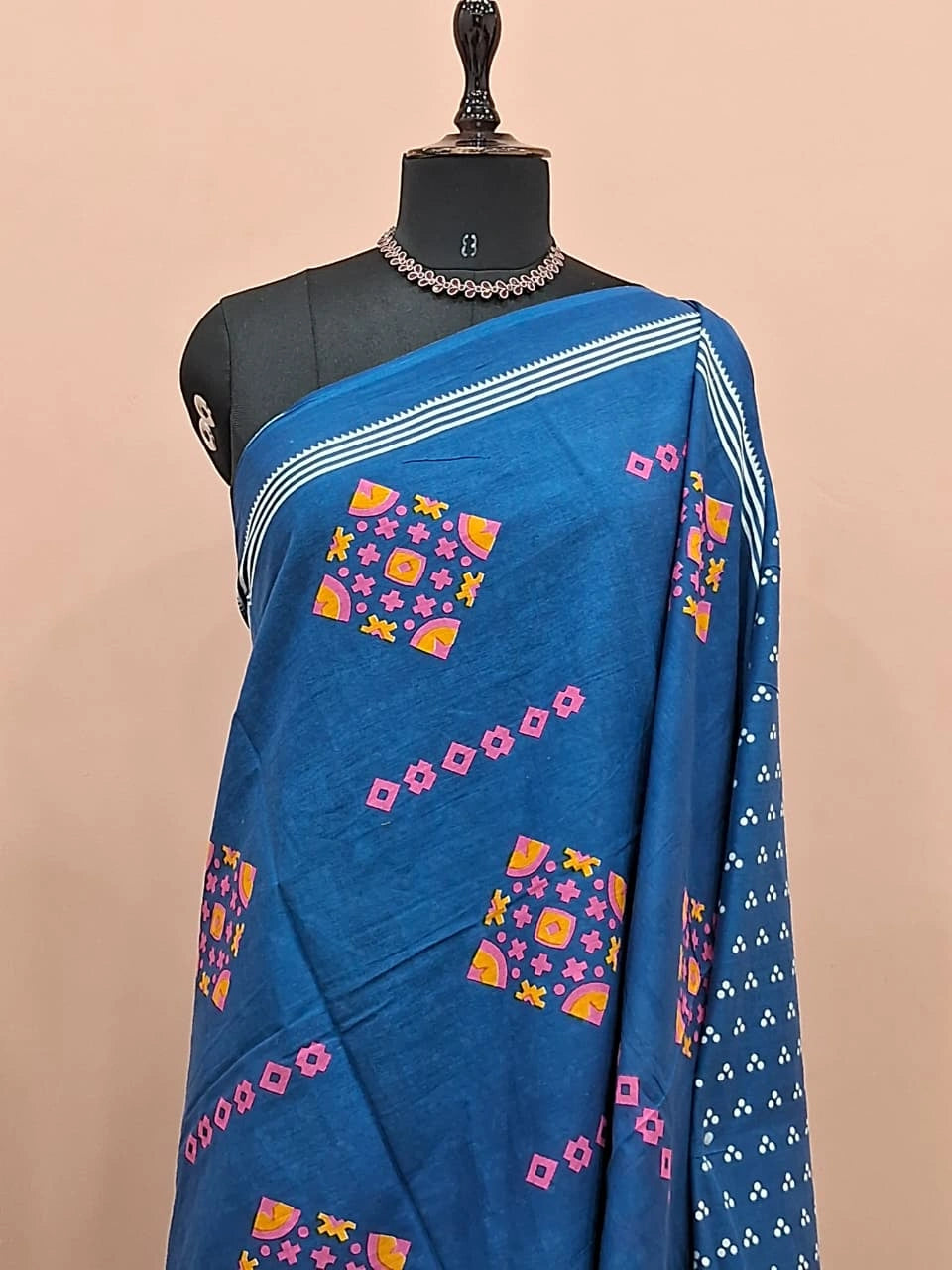 Royal Blue Pure Mulmul Cotton Half &amp; Half Saree 1