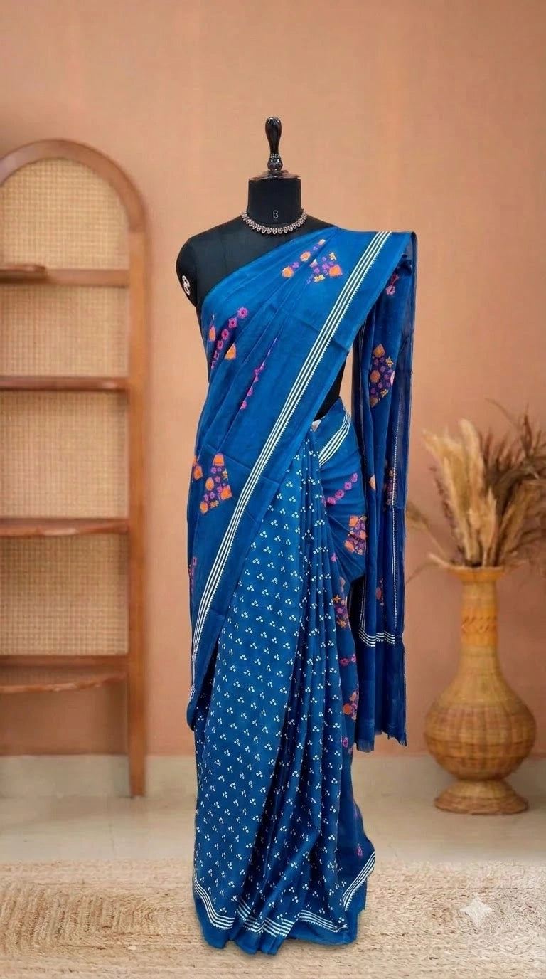 Royal Blue Pure Mulmul Cotton Half &amp; Half Saree