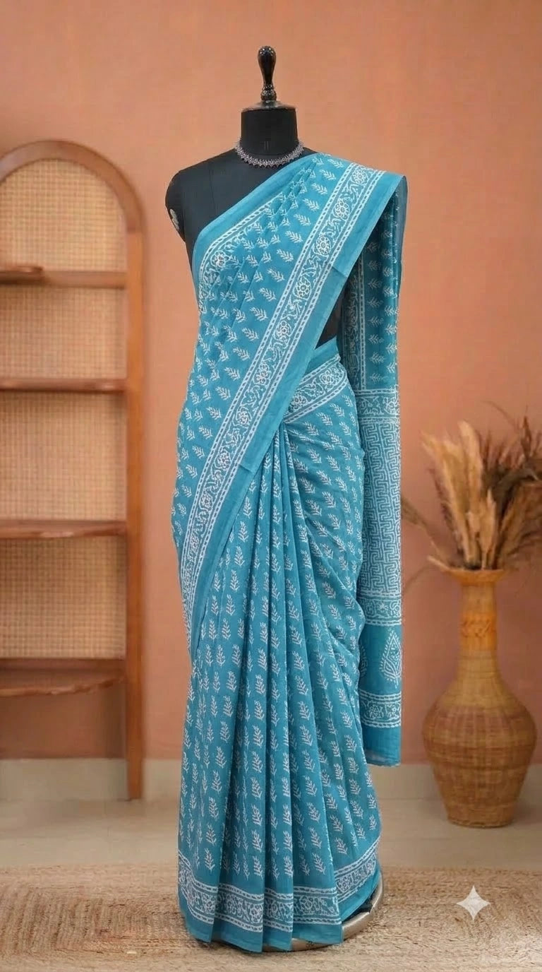 Sky Blue Pure Mulmul Cotton Saree 