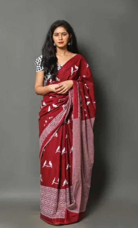 Maroon mulmul cotton saree